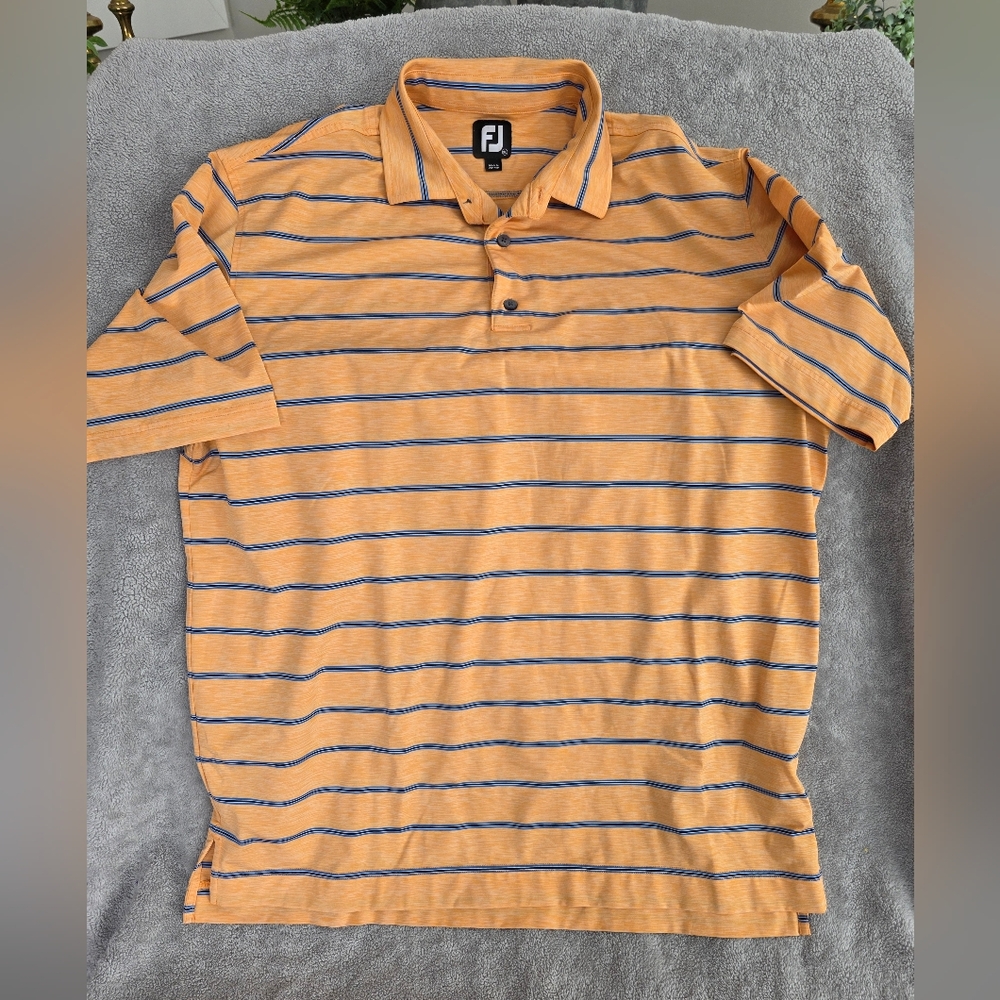 FootJoy Men's Collared Orange  With Blue Stripes Size XL Golf Shirt S/S Collared